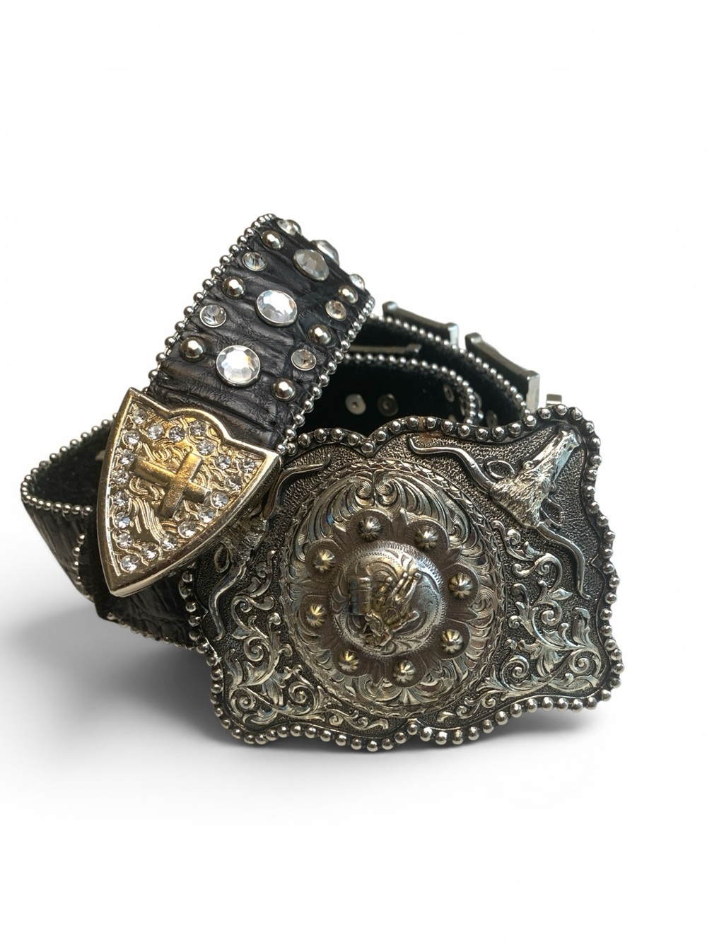 Blazin’ Roxx Ornate Black Leather Belt with Silver Metal Buckle, Lots of Bling